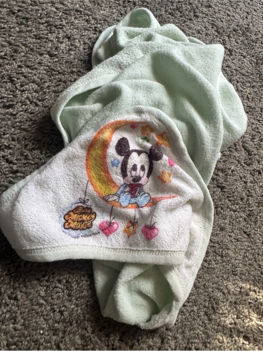 VTG Walt Disney Productions Baby Mickey Mouse Hooded Infant Towel Soft Green
